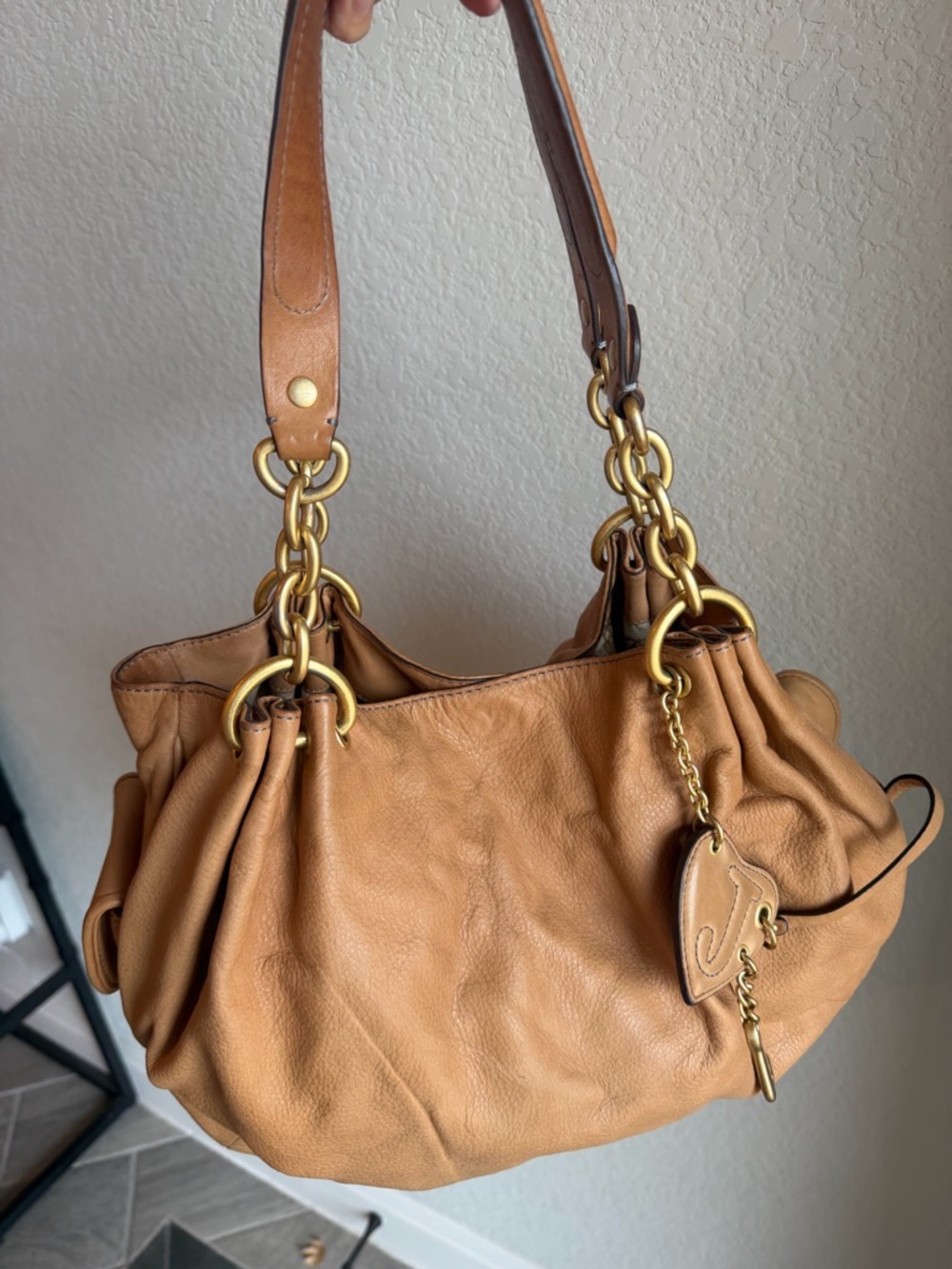 Vintage Juicy Couture Camel Cowhide Tan Leather Shoulder Bag with Gold Hardware